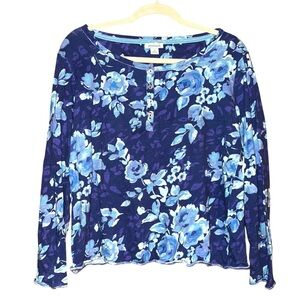SUNDANCE Rosey Delights Henley Metallic Buttons Floral Top Blue Size Medium
